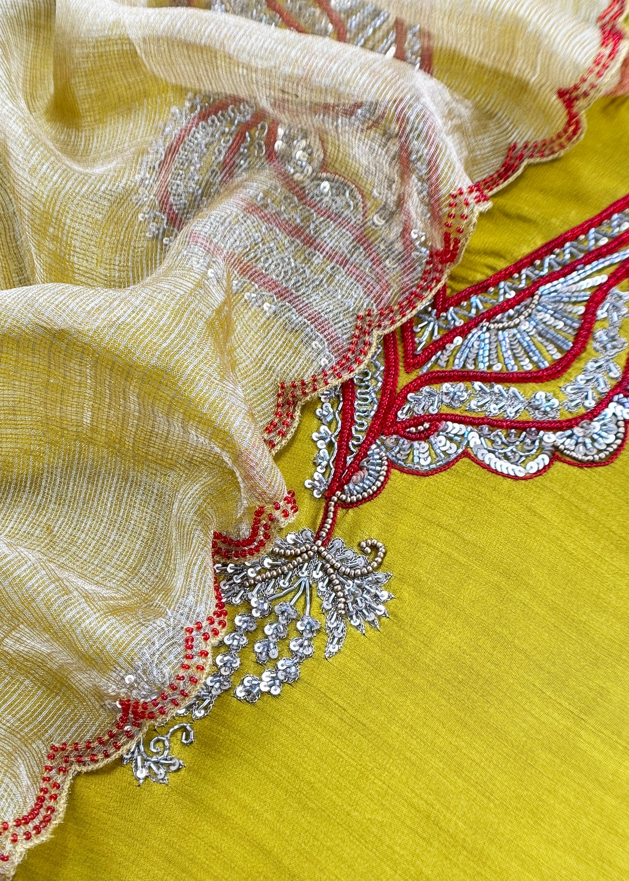 Luxury handloom tissue silk suit with dabka dori hand work