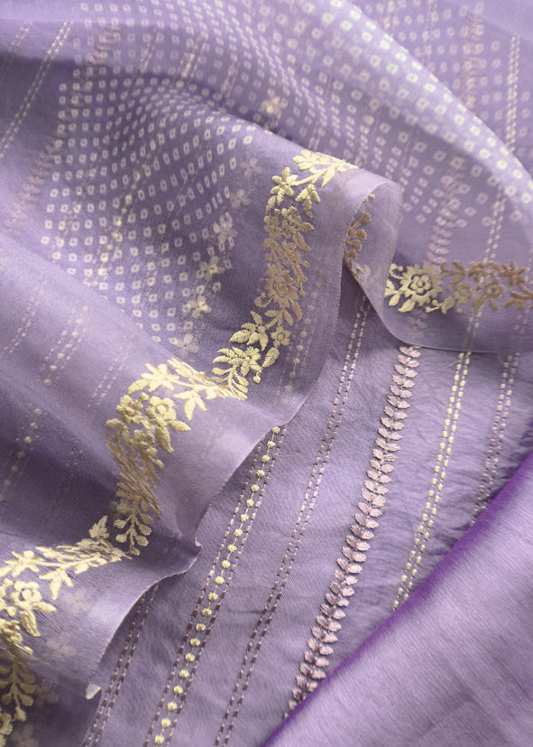 Handloom Organza Suit With Bandhani Print And Parsi Embroidery