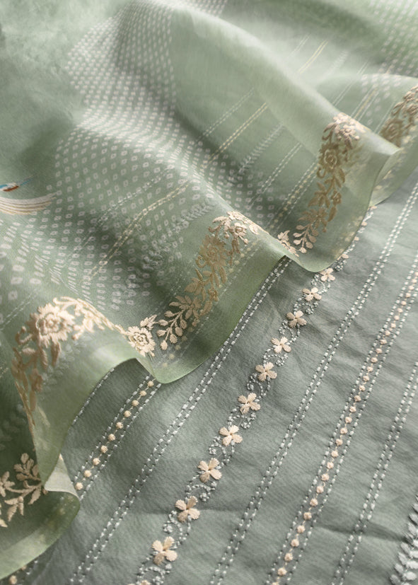Handloom Organza Suit With Bandhani Print And Parsi Embroidery
