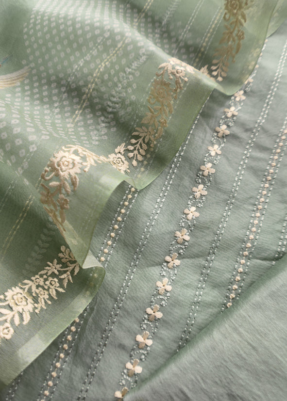 Handloom Organza Suit With Bandhani Print And Parsi Embroidery
