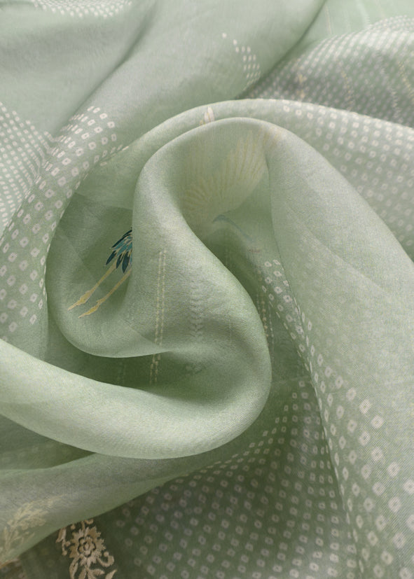 Handloom Organza Suit With Bandhani Print And Parsi Embroidery