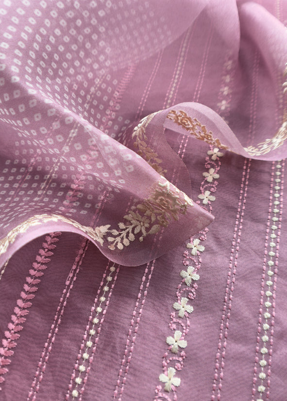 Handloom Organza Suit With Bandhani Print And Parsi Embroidery