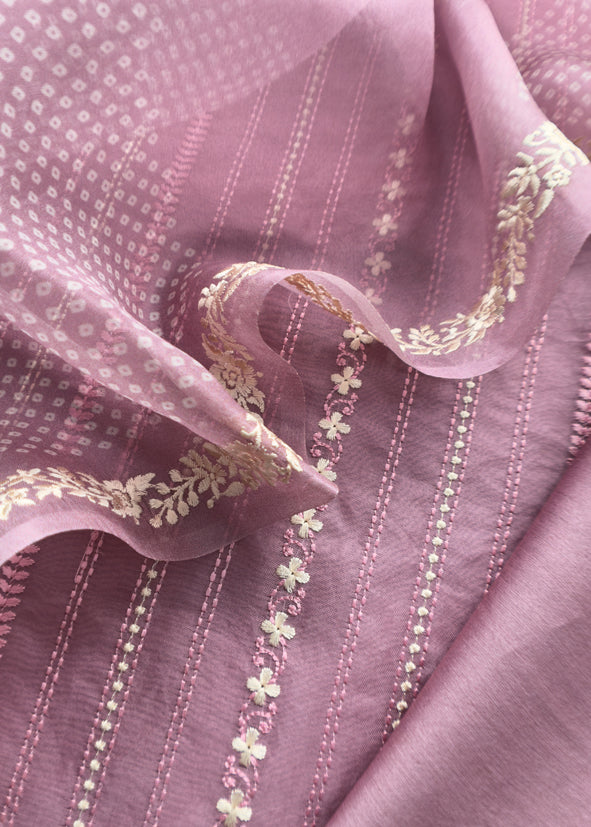Handloom Organza Suit With Bandhani Print And Parsi Embroidery