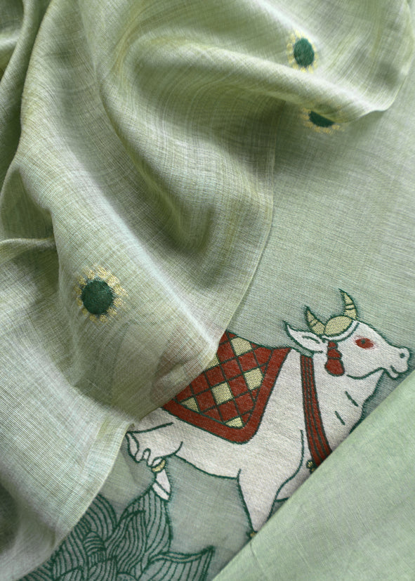 Linen Chanderi Suit With Cow pichwai jamdani weaving