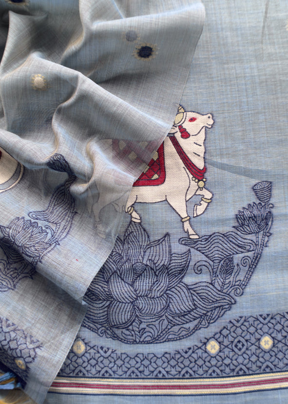 steel Blue Linen Chanderi Unstitched Suit With Pichwai Jamdani Weaving