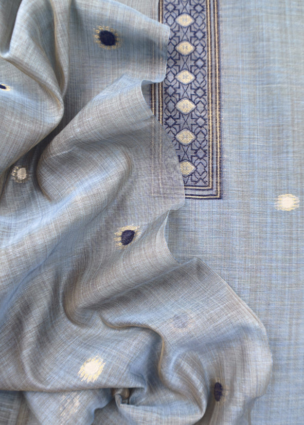 steel Blue Linen Chanderi Unstitched Suit With Pichwai Jamdani Weaving