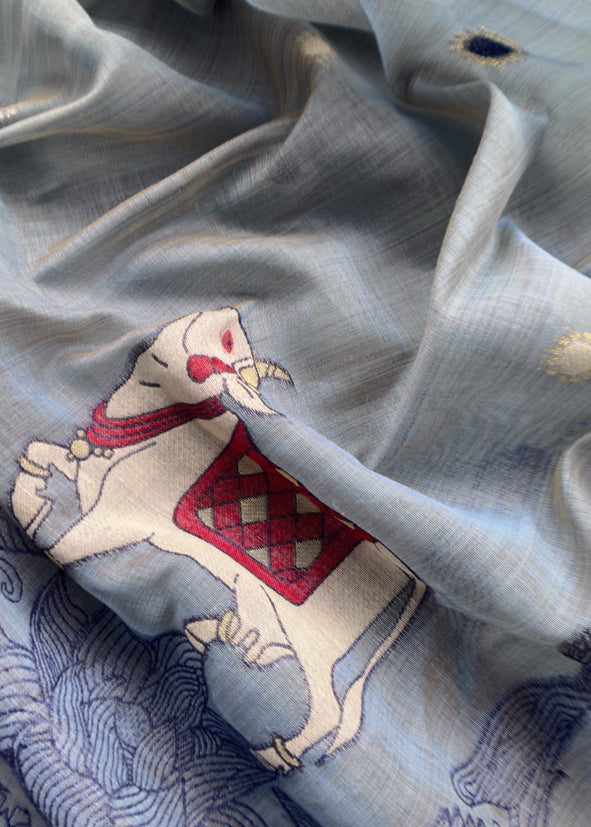 steel Blue Linen Chanderi Unstitched Suit With Pichwai Jamdani Weaving