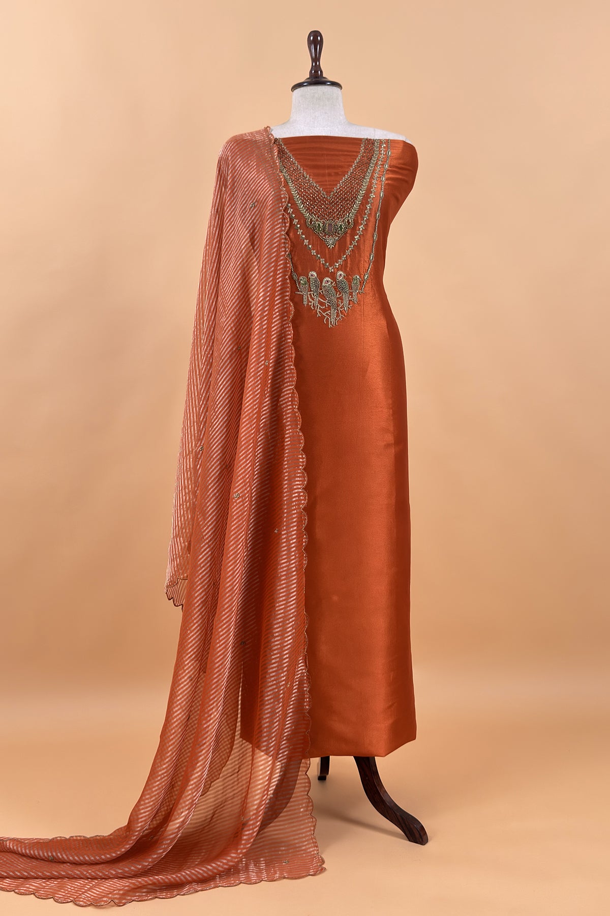 Rust Tissue Silk Unstitched Suit With Zardosi And Jadau Navratna Handwork