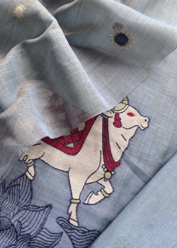 steel Blue Linen Chanderi Unstitched Suit With Pichwai Jamdani Weaving