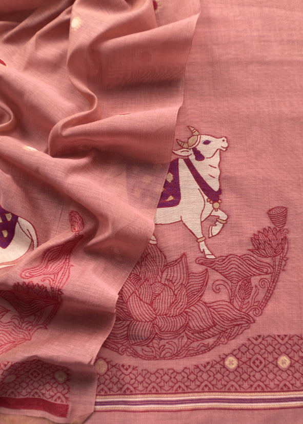 Peach Linen Chanderi Unstitched Suit With Pichwai Jamdani Weaving