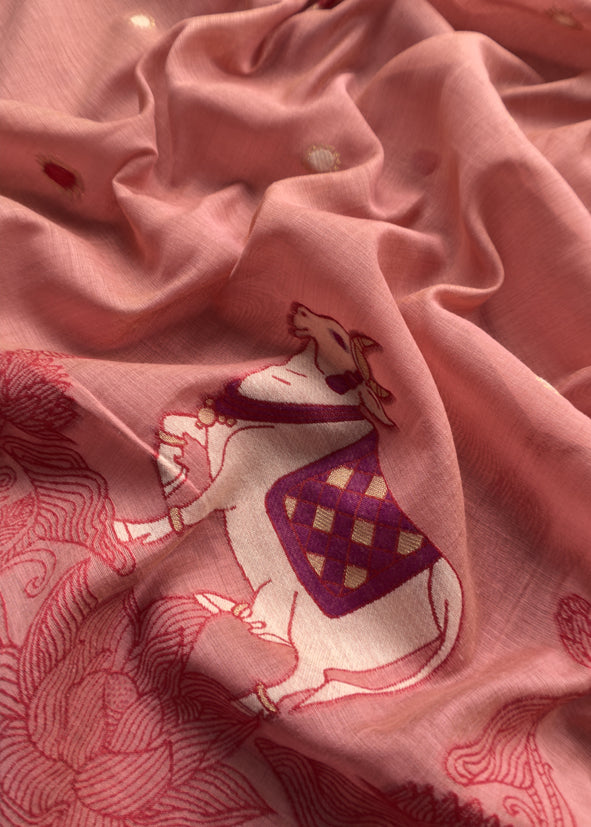 Peach Linen Chanderi Unstitched Suit With Pichwai Jamdani Weaving