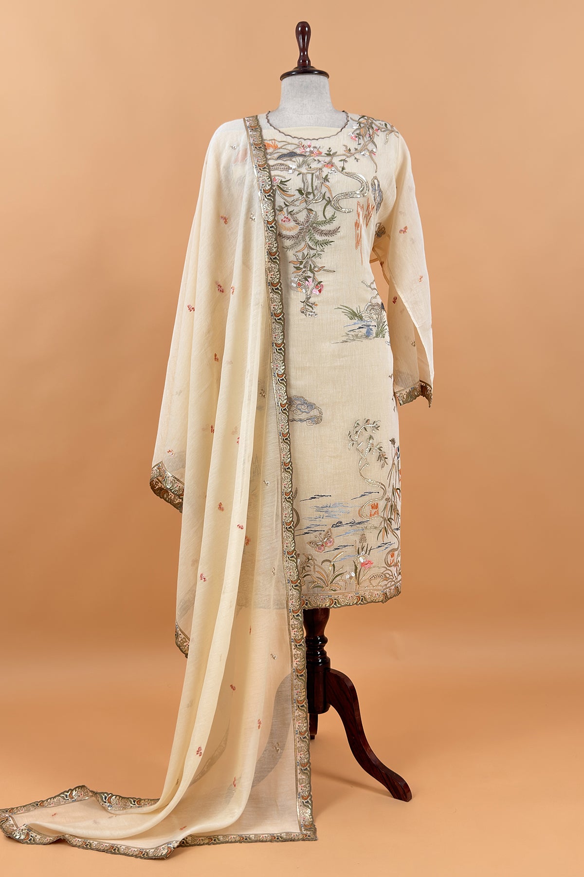 Pastel Yellow Handloom Mulmul Unstitched Suit Fabric With Hand Gota Embroidery
