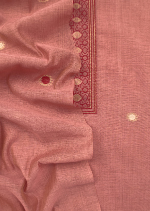 Peach Linen Chanderi Unstitched Suit With Pichwai Jamdani Weaving