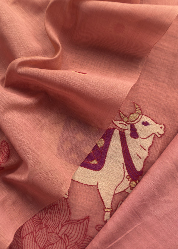 Peach Linen Chanderi Unstitched Suit With Pichwai Jamdani Weaving
