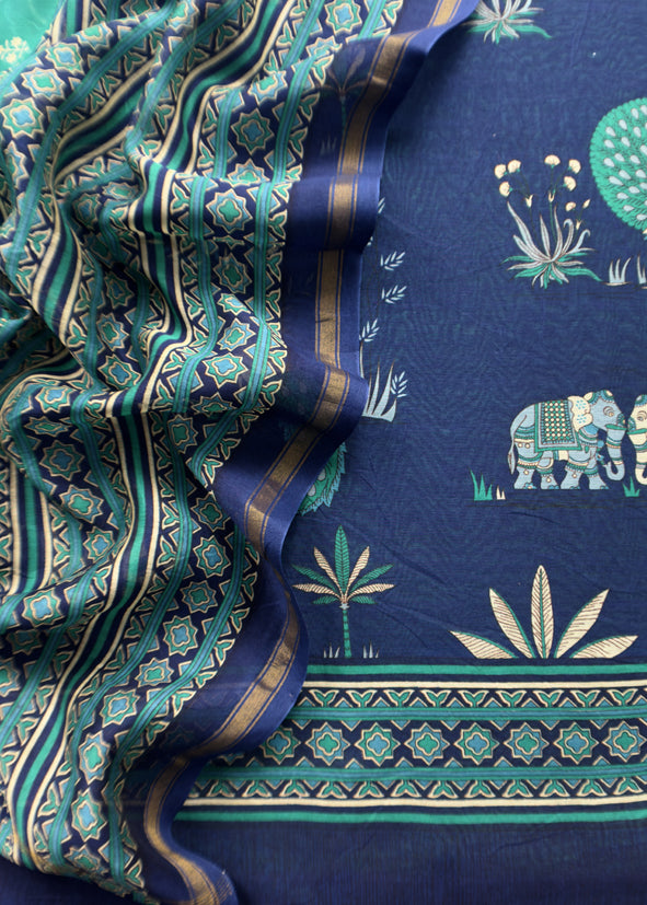 Blue Pure Maheshwari Silk Unstitched Suit Fabric with Shikagarh Print