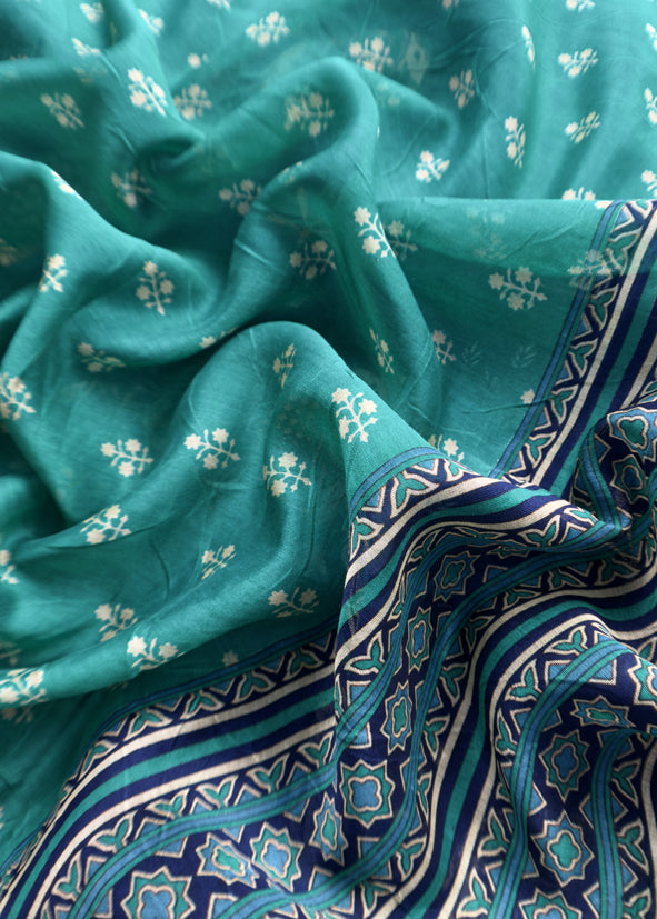 Blue Pure Maheshwari Silk Unstitched Suit Fabric with Shikagarh Print