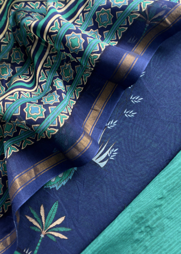 Blue Pure Maheshwari Silk Unstitched Suit Fabric with Shikagarh Print