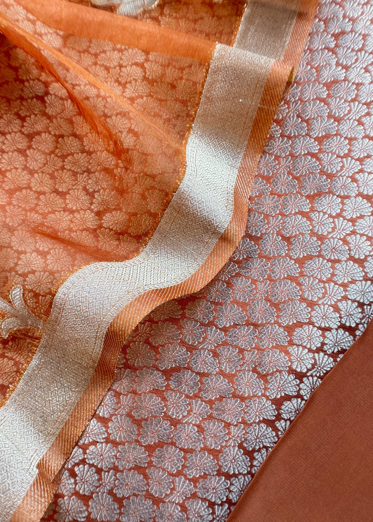 Rust Designer Pure Brocade silk kurta and organza dupatta