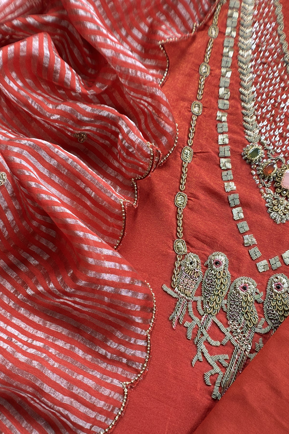 Rust Tissue Silk Unstitched Suit With Zardosi And Jadau Navratna Handwork