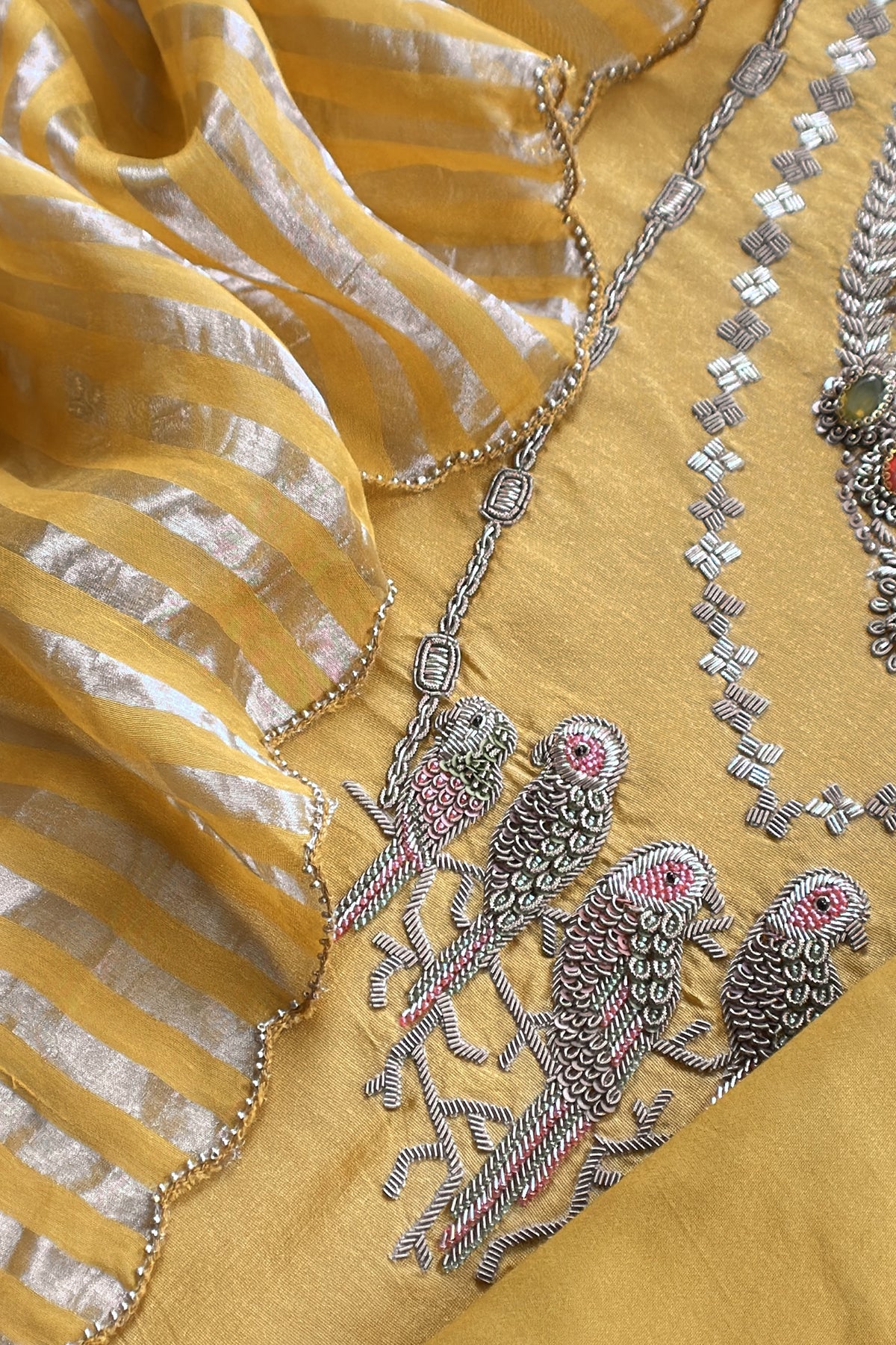 Yellow Tissue Silk Unstitched Suit With Zardosi And Jadau Navratna Handwork