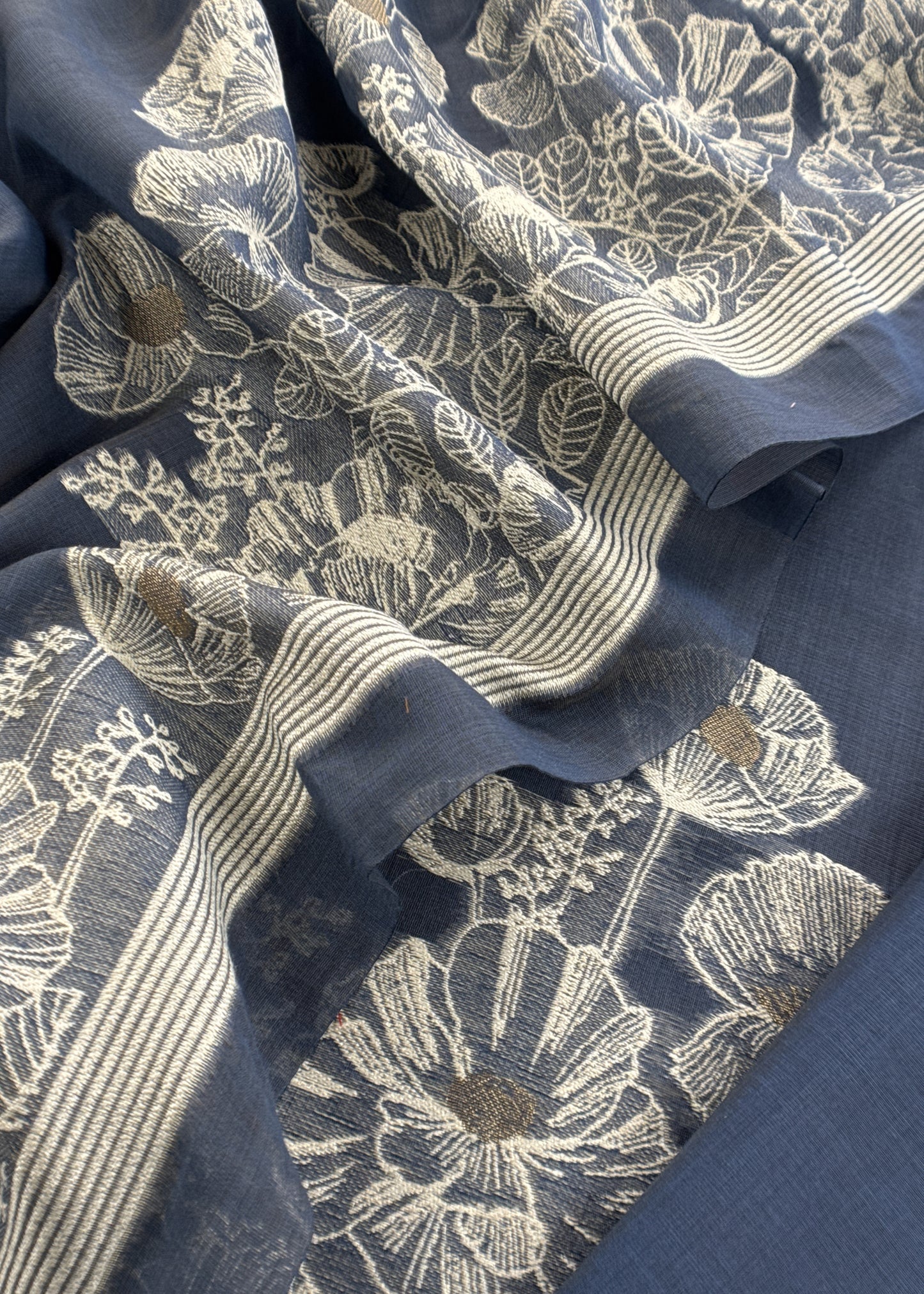Blue Floral Jamdani Weaved Unstitched Suit In Linen Chanderi