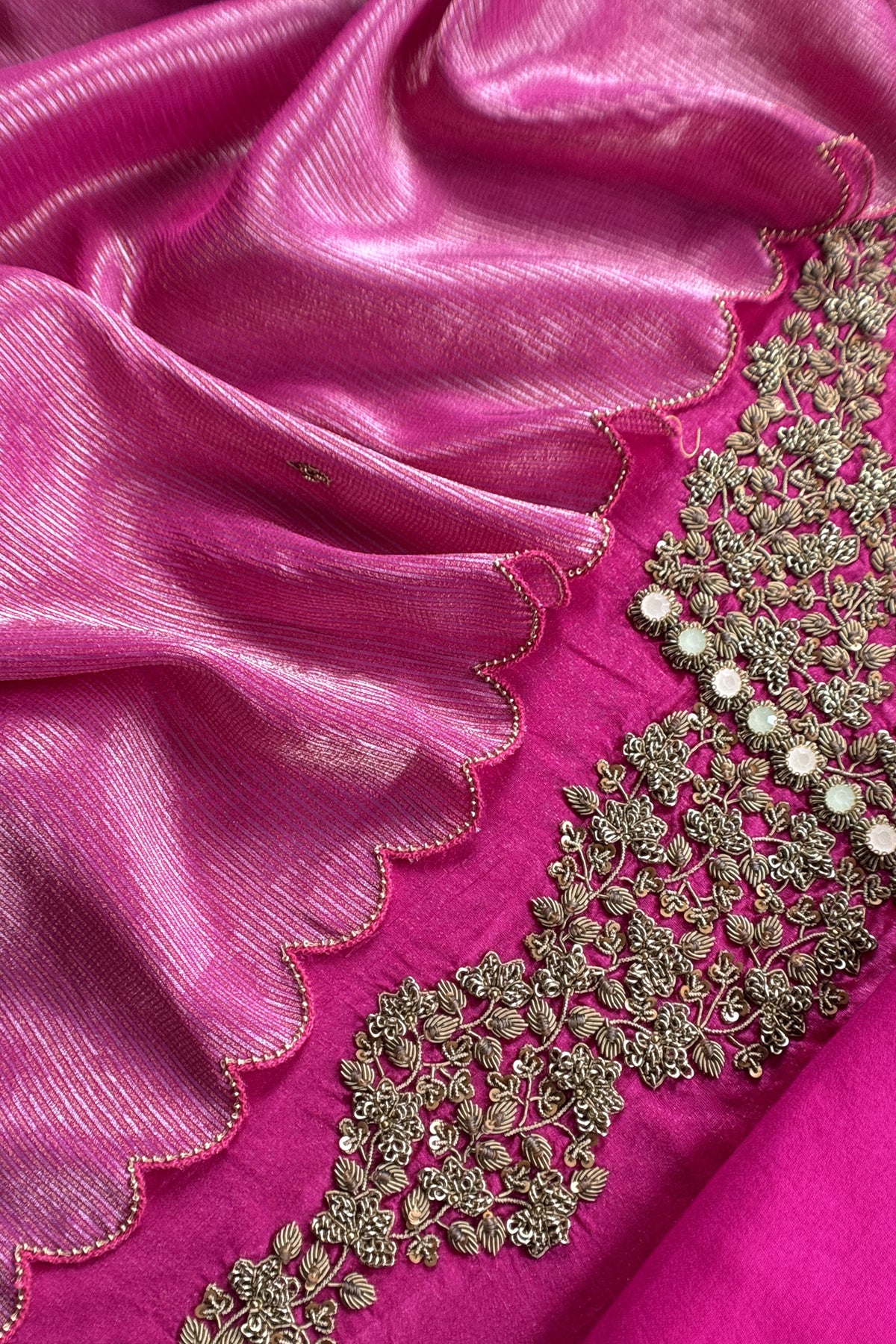 Pink Tissue Silk Unstitched Suit With Zardosi And Jadau Navratna Handwork