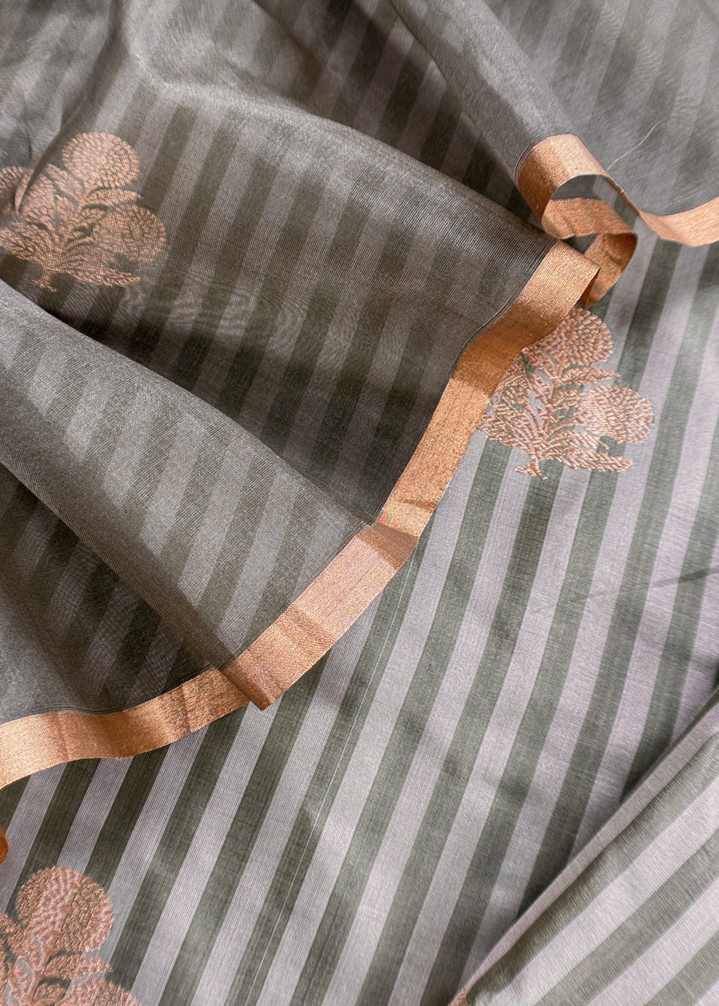 Kavya Cloud Gray Striped Katan Silk Kurta And Kora Silk Dupatta With Kadwa Weaving