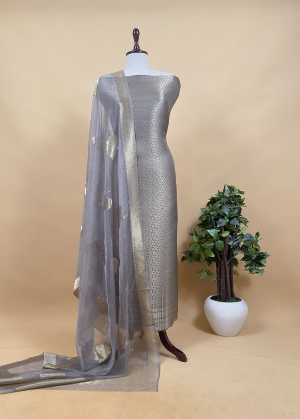 Gray Banarasi Silk Brocade Suit With Organza Dupatta