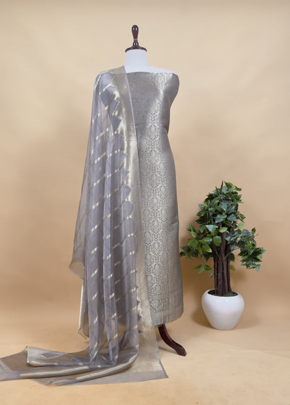 Banarasi Silk Brocade Suit With Organza Dupatta