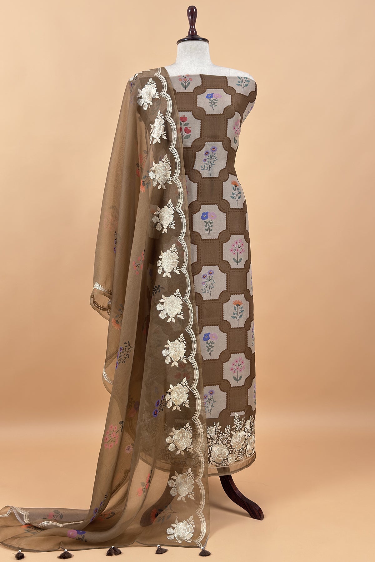 Brown Handloom Kora Silk Suit With Parsi Embroidery