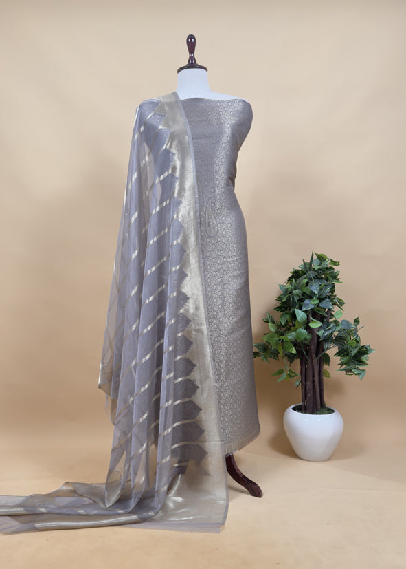 Brown Banarasi Silk Brocade Suit With Organza Dupatta