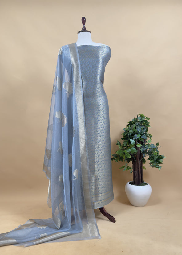 Gray Banarasi Silk Brocade Suit With Organza Dupatta