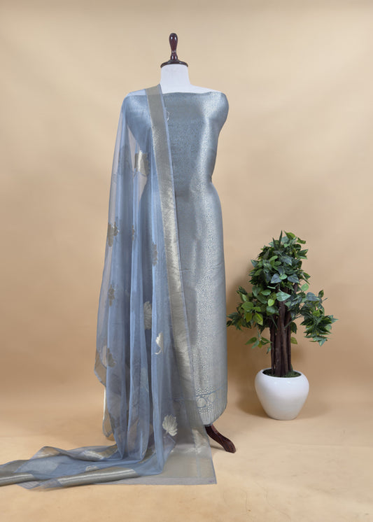Greyish Blue Brocade Kurta With Organza Dupatta