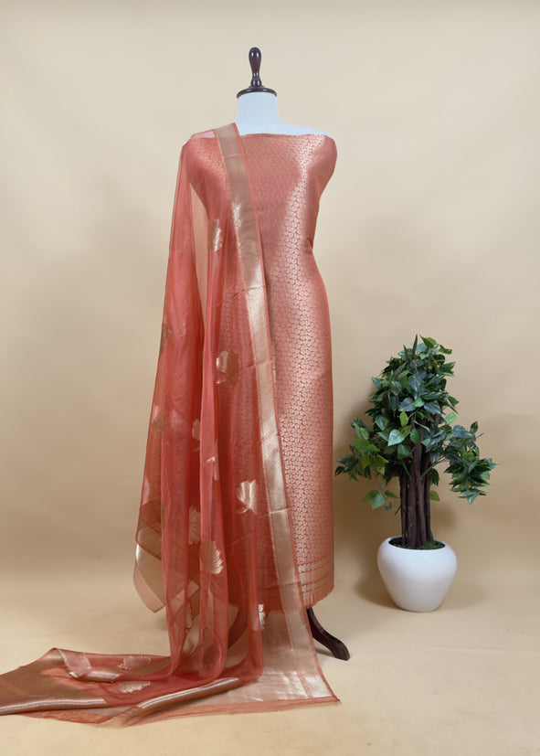 Gray Banarasi Silk Brocade Suit With Organza Dupatta