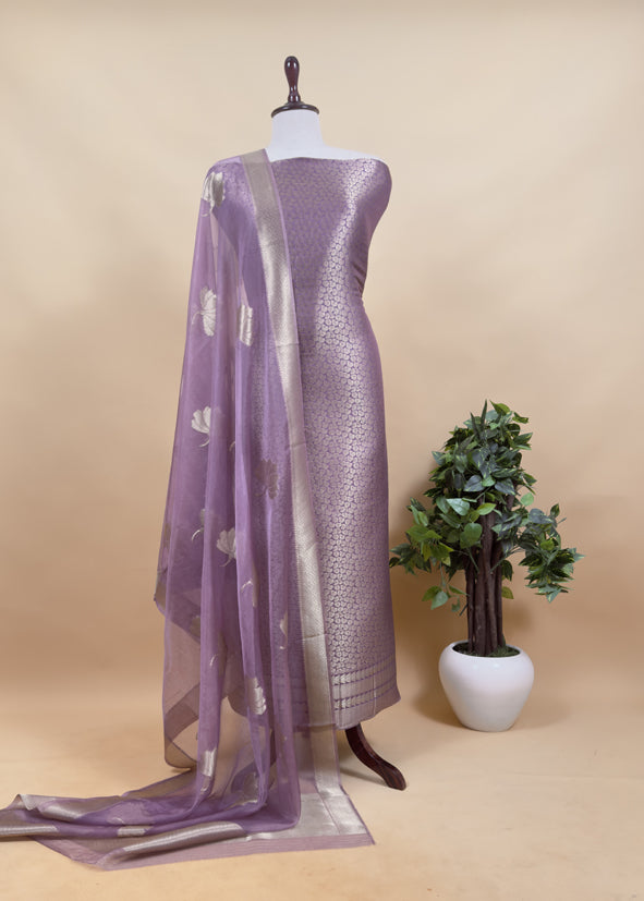 Gray Banarasi Silk Brocade Suit With Organza Dupatta