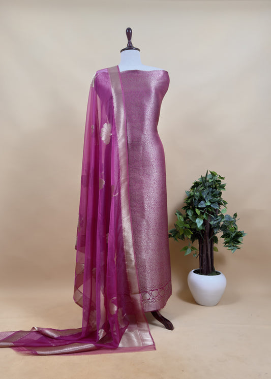 Magenta Brocade Kurta With Organza Dupatta