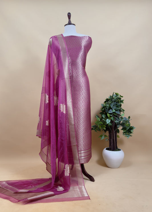 Magenta Banarasi Silk Brocade Suit With Organza Dupatta