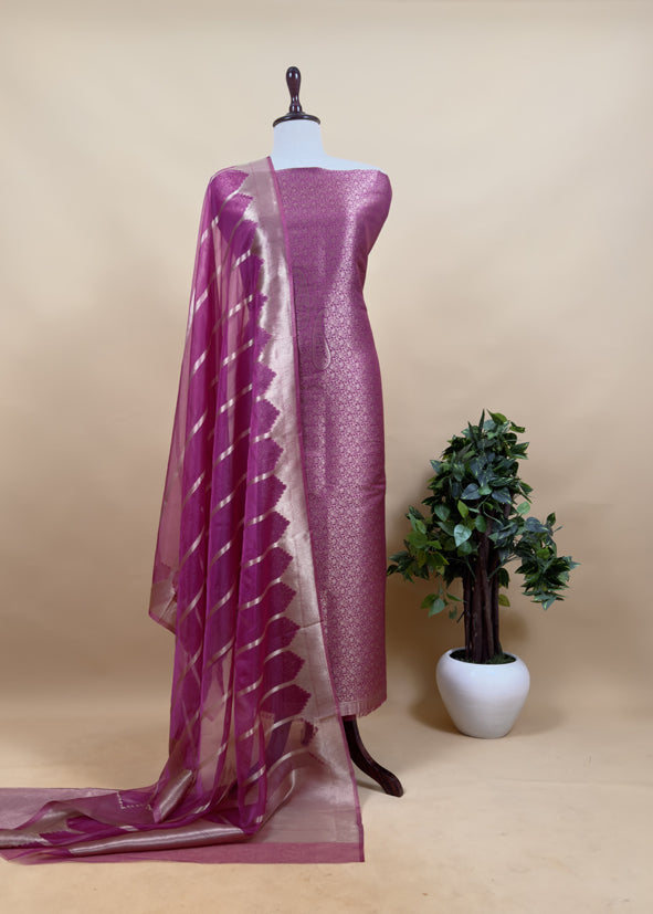 Brown Banarasi Silk Brocade Suit With Organza Dupatta