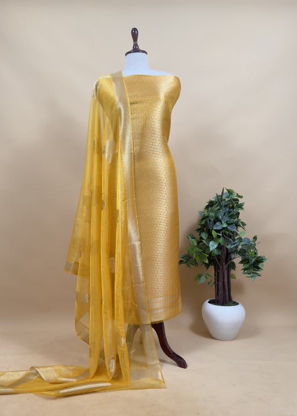 Gray Banarasi Silk Brocade Suit With Organza Dupatta