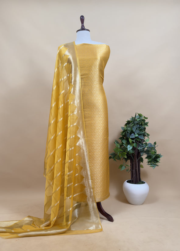 Brown Banarasi Silk Brocade Suit With Organza Dupatta