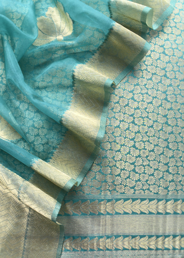 Sky Blue Banarasi Silk Brocade Suit With Organza Dupatta