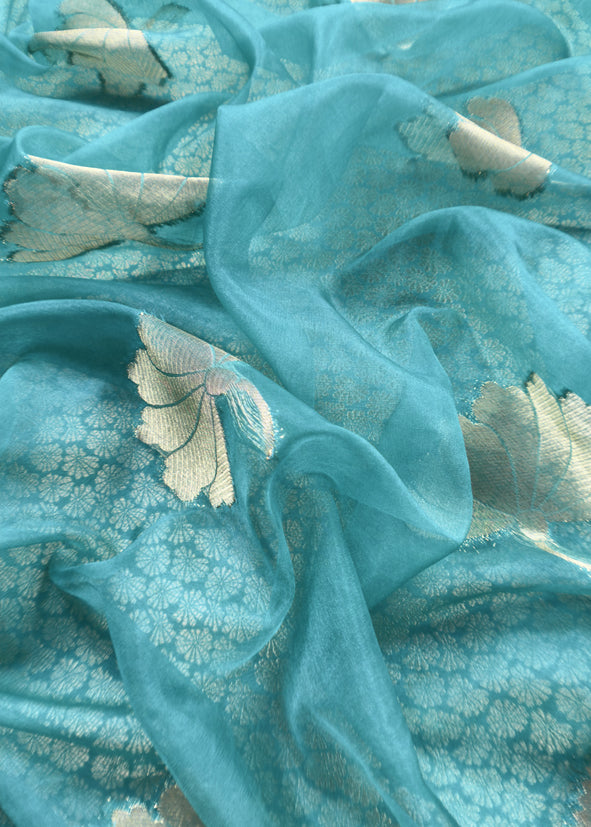 Sky Blue Banarasi Silk Brocade Suit With Organza Dupatta