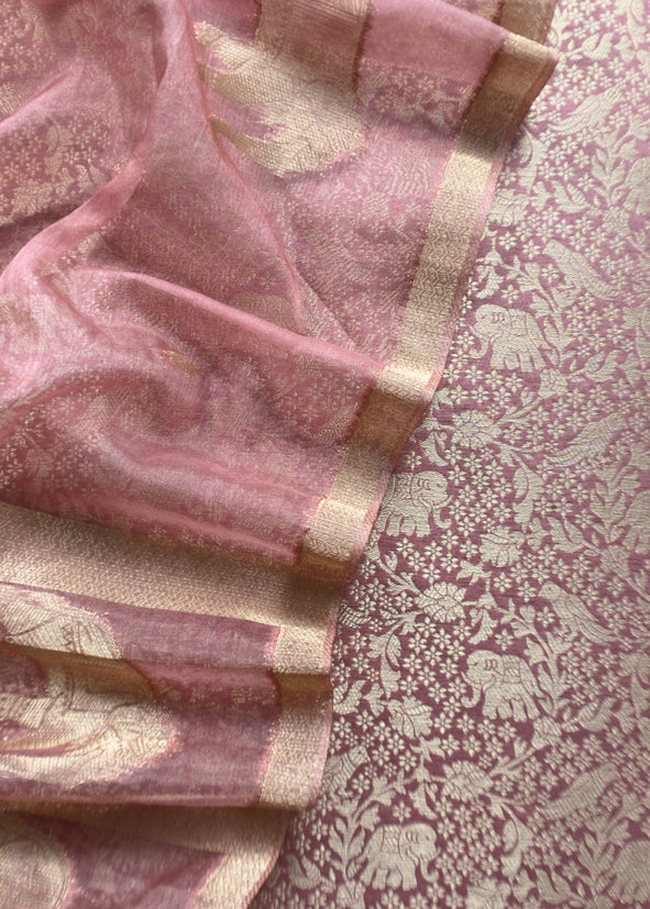Thulian Pink Brocade Kurta With Organza Dupatta