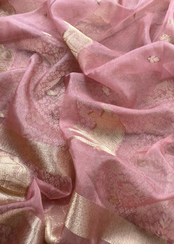 Thulian Pink Brocade Kurta With Organza Dupatta