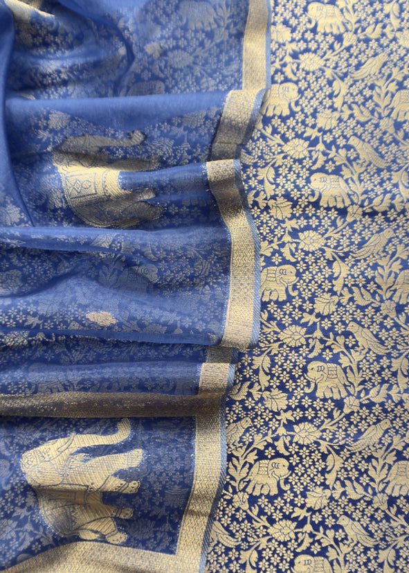 Blue Brocade Kurta With Organza Dupatta