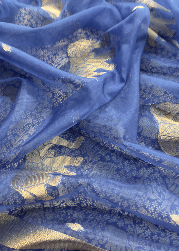 Blue Brocade Kurta With Organza Dupatta
