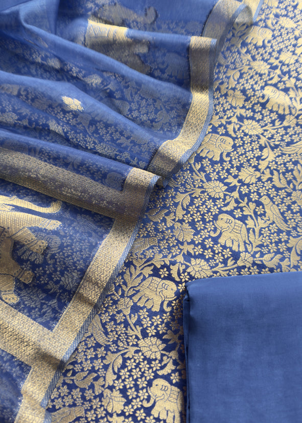 Blue Brocade Kurta With Organza Dupatta