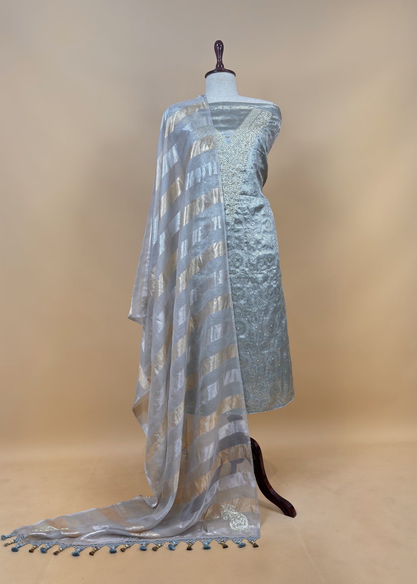 Peach Varanasi Brocade Silk Kurta And Double Panel Tissue Dupatta With Handwork