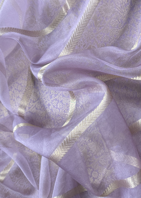 Purple Banarasi Silk Brocade Suit With Organza Dupatta