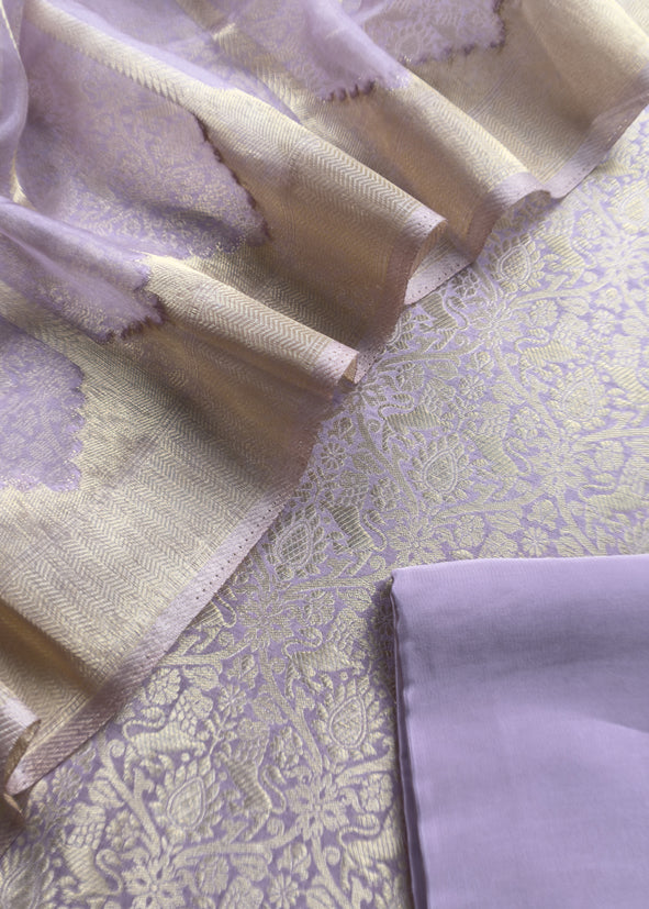 Purple Banarasi Silk Brocade Suit With Organza Dupatta